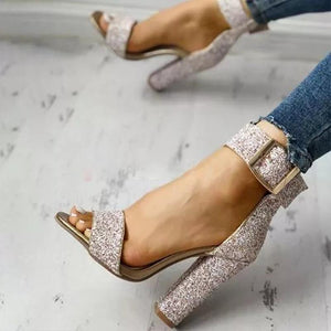 Women sparkly rhinestone peep toe ankle buckle strap chunky high heels