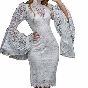 Women evening party turtleneck lace flower flare sleeve white dress