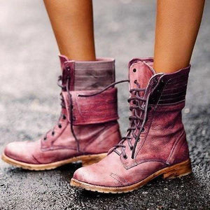 Retro lace up combat boots women's motorcycle boots cow heel combat boots