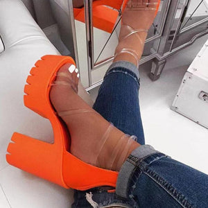 Women criss cross clear strappy peep toe chunky platform high heels