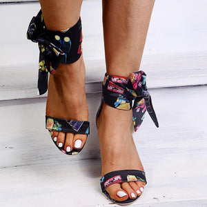 Women flower ankle strappy bow lace up peep toe chunky heels