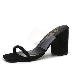 Women square peep toe two strap clear slide chunky heels