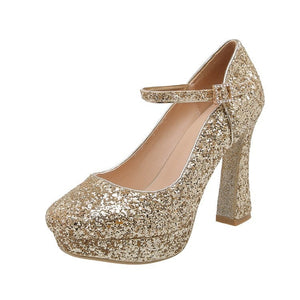Women's sequins rhinestone ankle strap platform chunky high heels pumps | Party dress heels
