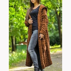 Womens's cable knit hooded long cardigan sweater open front chunky cardigan for winter