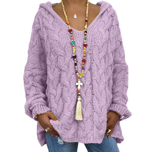 Women's cable knit sweater hooded oversized solid color tunic sweater