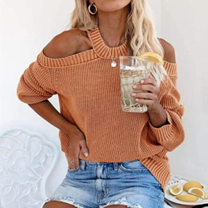 Women knit straps off shoulder sexy backless sweater