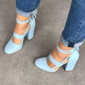 Women closed toe criss cross strappy lace up chunky heels