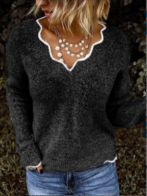 Women Gray Solid Color Holiday Floral V Neck Sweater