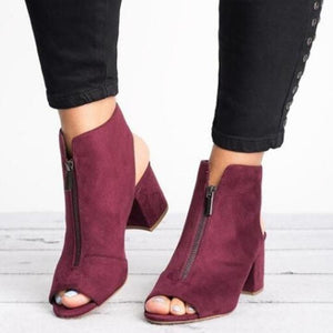 Women's front zipper chunky peep toe sandals booties