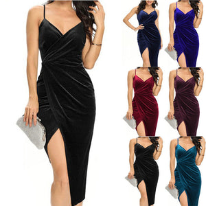 Sexy velvet ruched gold stamping high split midi cami dress | Nightclub party dress evening gowns