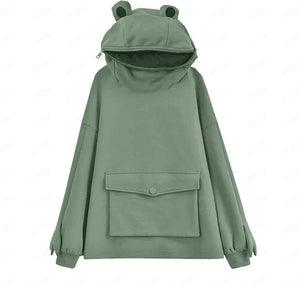 Women cute girl solid color frog hoodie sweatshirt with pocket