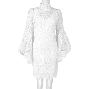 Women evening party turtleneck lace flower flare sleeve white dress