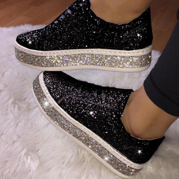  HINDOLA Women Rhinestone Platform Loafers Glitter Fashion  Slip-On Sparkle Casual Flat Walking Shoes Bling Sequin Sneakers Black