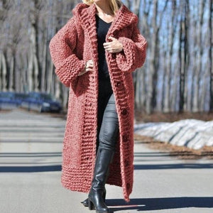 Women's chunky knitted cardigan sweater with button hooded oversized duster cardigan coat