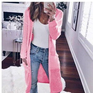 Women's open front knitted long cardigan with pocket