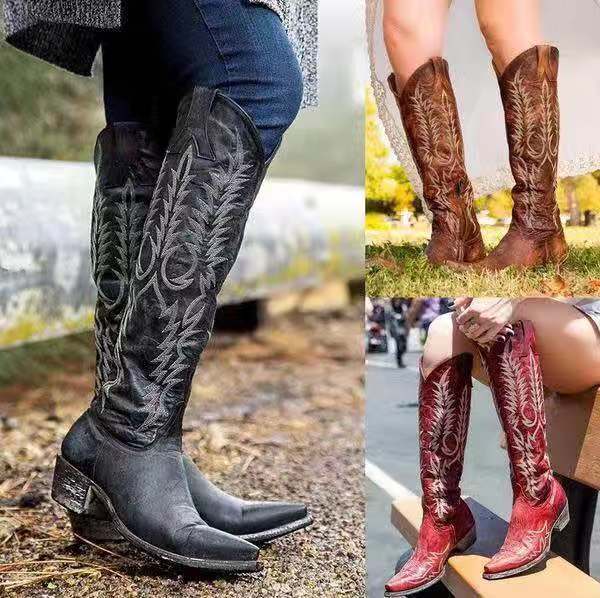 FZM Women shoes cowboy boots Women Fashion Casual Vintage Retro Mid-Calf Boots  Lace Up Thick Heels Shoes 