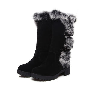 Fuzzy trim fur lined mid calf snow boots