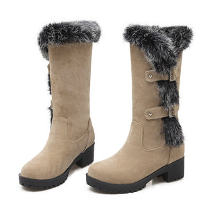 Fuzzy trim fur lined mid calf snow boots