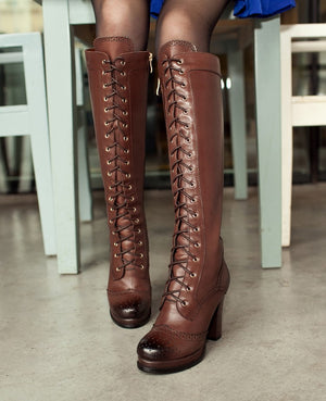 Chunky platform high heels brogue knee high knight boots