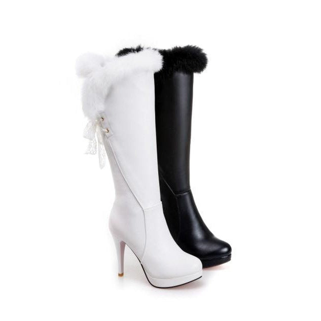 Women fringe faux fur sexy chunky heel platform knee high boots