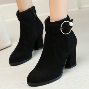 Round toe block heels booties with ankle buckle strap