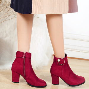 Round toe block heels booties with ankle buckle strap