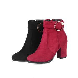 Round toe block heels booties with ankle buckle strap