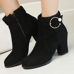 Round toe block heels booties with ankle buckle strap