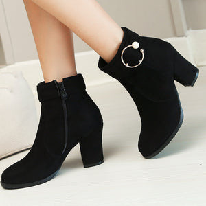 Round toe block heels booties with ankle buckle strap