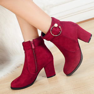 Round toe block heels booties with ankle buckle strap