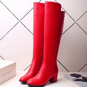 Women chunky heel comfort lining side zipper knee high boots