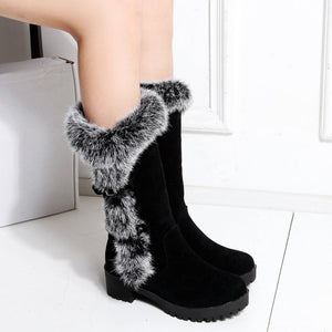 Fuzzy trim fur lined mid calf snow boots