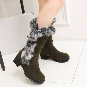 Fuzzy trim fur lined mid calf snow boots