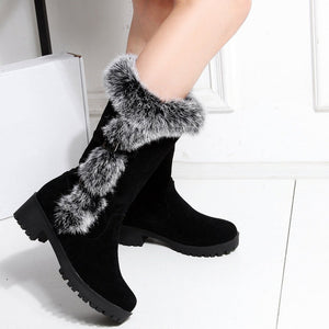 Fuzzy trim fur lined mid calf snow boots