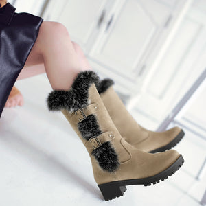 Fuzzy trim fur lined mid calf snow boots