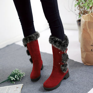 Fuzzy trim fur lined mid calf snow boots