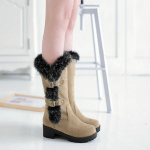 Fuzzy trim fur lined mid calf snow boots