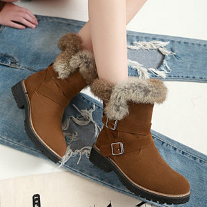 Faux fur lined fuzzy mid calf snow boots keep warm biker boots with buckles