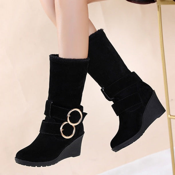 Thick plush mid calf snow boots wide calf wedge heels boots