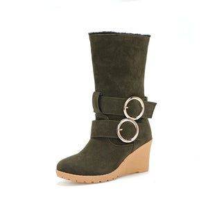 Thick plush mid calf snow boots wide calf wedge heels boots