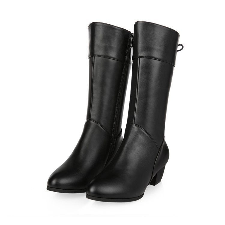 Black block heels mid calf boots for winter