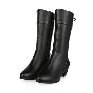 Black block heels mid calf boots for winter