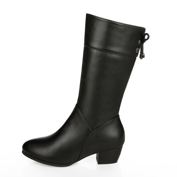 Black block heels mid calf boots for winter
