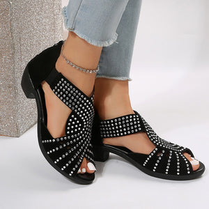 Black rhinestone cut-out chunky heels sandals