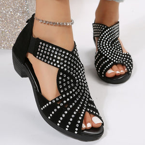 Black rhinestone cut-out chunky heels sandals