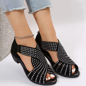 Black rhinestone cut-out chunky heels sandals