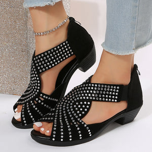 Black rhinestone cut-out chunky heels sandals