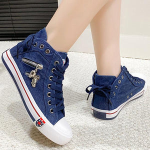 Blue denim skull canvas shoes lace-up