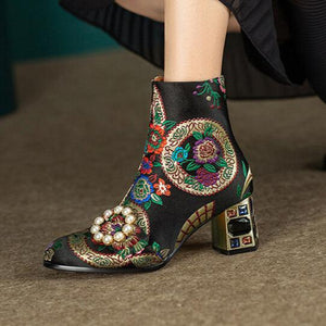 Bohemia vintage satin embroidery block heels boots decorated with pearls and rhinestone