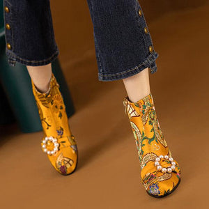 Bohemia vintage satin embroidery block heels boots decorated with pearls and rhinestone